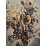 V Curtis oil on board dried flowers, signed and dated 72 lower right, 60 x 45cm, in white painted