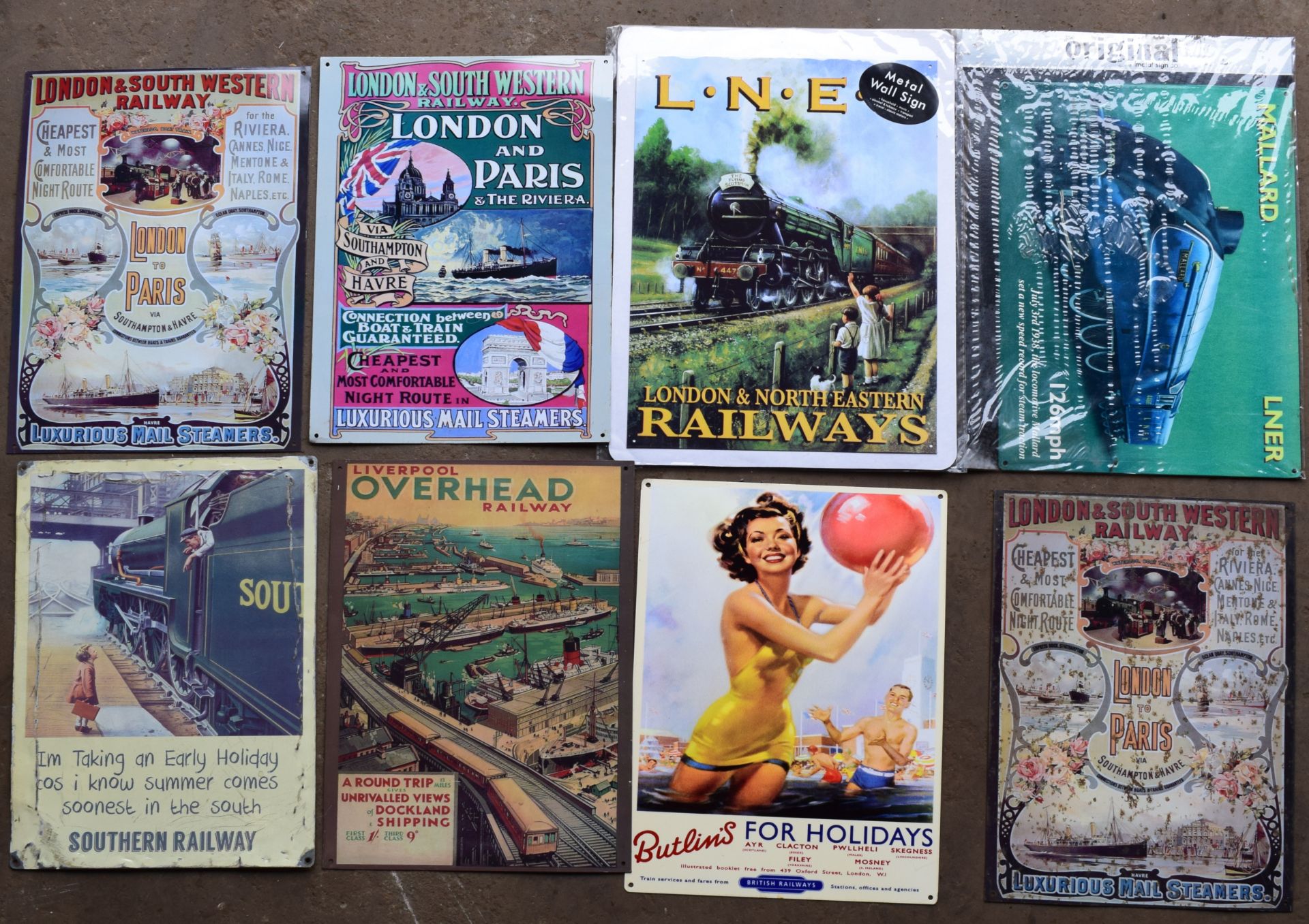 Eight railway interest metal advertising signs, each approximately 40 x 30cm PLEASE NOTE this lot is