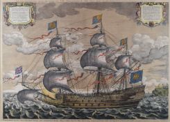 After J Payne, Sovereign (Soveraigne) of The Seas, built 1637, coloured engraving, 66 x 89cm, in