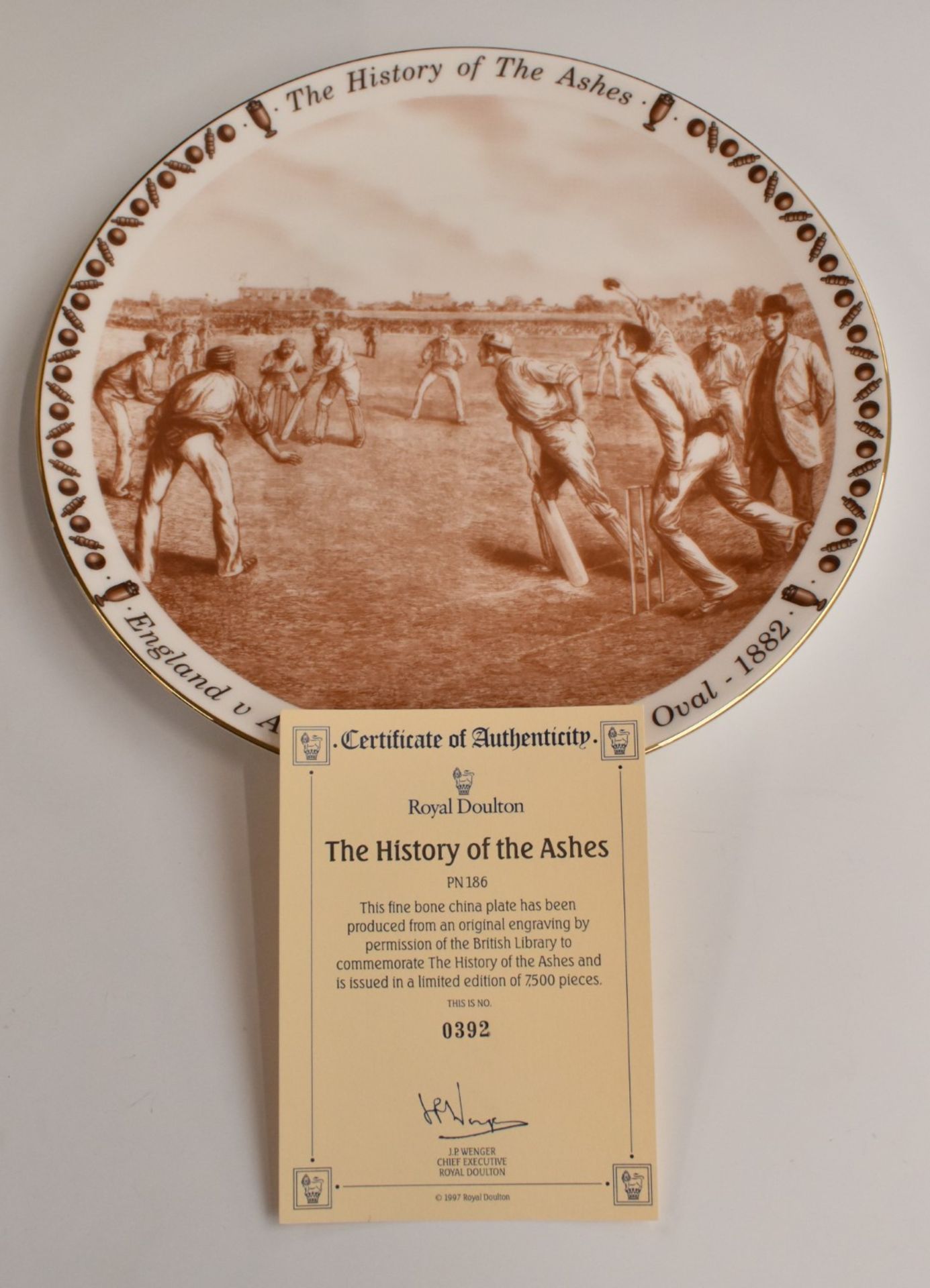 Royal Doulton cabinet plate hand decorated with Prince of Wales feathers, gilt inscription verso ' - Image 4 of 6