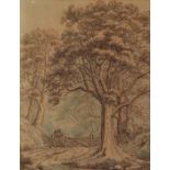 Attributed to Thomas Sunderland (1746-1783) watercolour figures in a wood with stately home