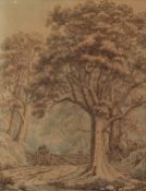 Attributed to Thomas Sunderland (1746-1783) watercolour figures in a wood with stately home