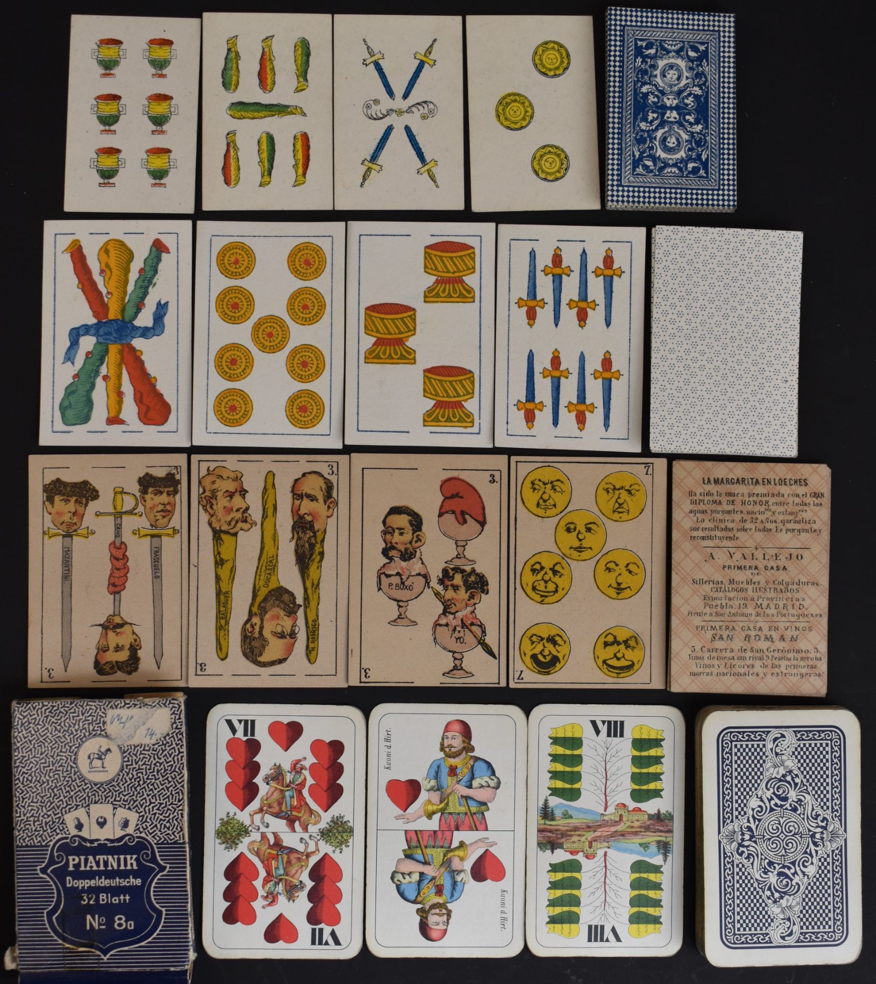 Four continental packs of playing cards to include Portuguese examples with named cards and