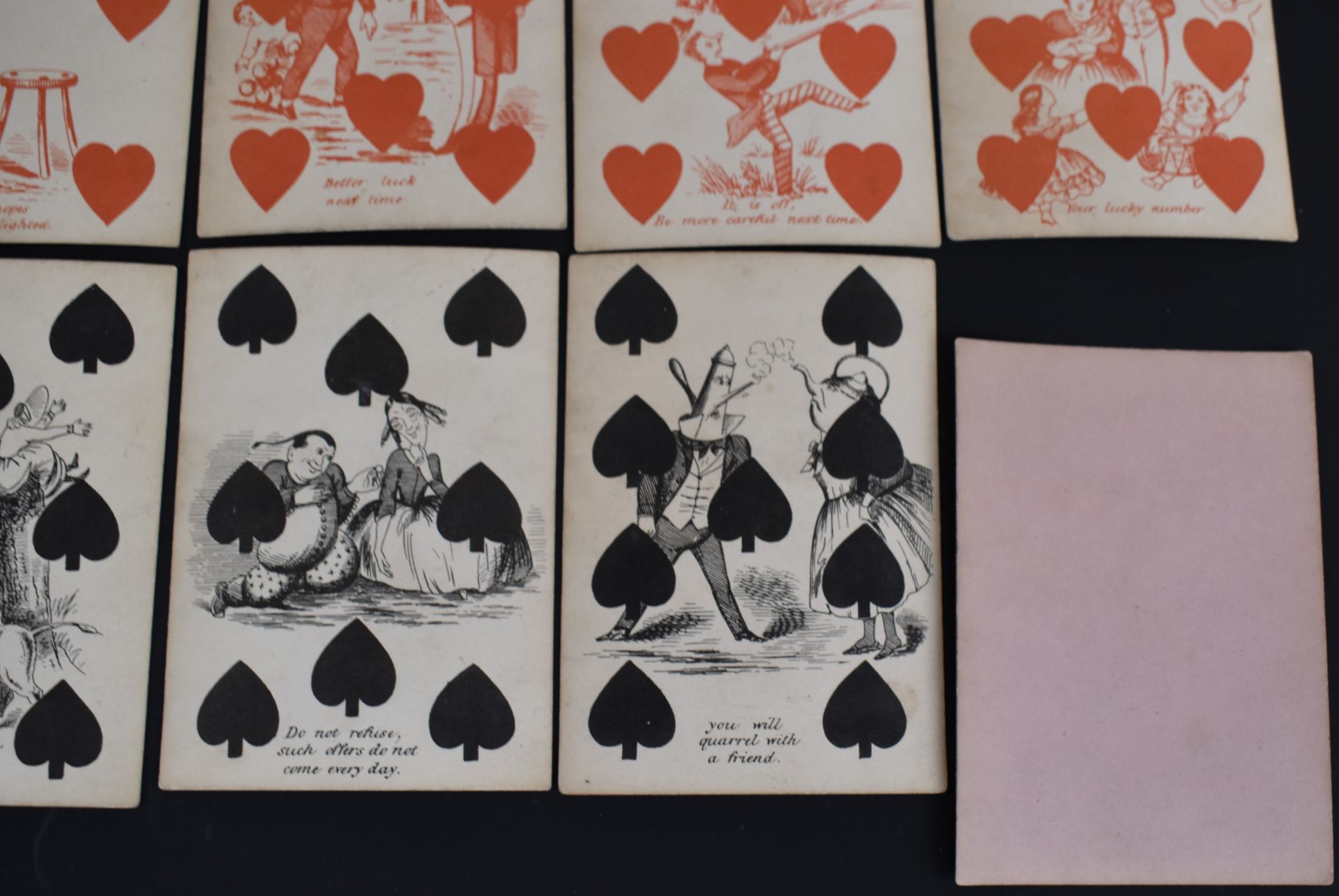 19th or early 20th century pack of transformation fortune telling playing cards with pink backs ( - Image 5 of 5