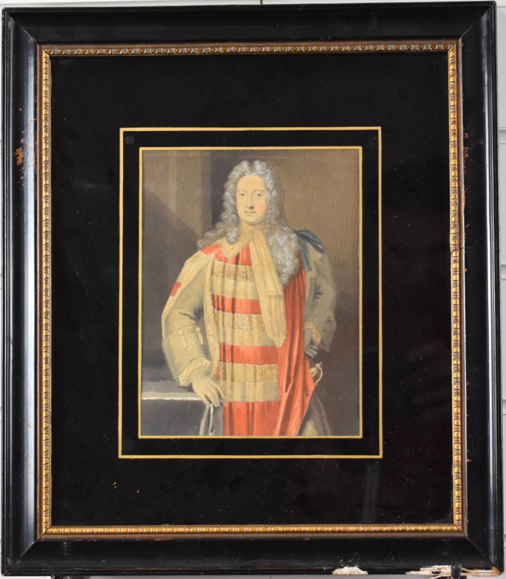 19thC watercolour portrait of a distinguished gentleman with sword, 21 x 16cm, in black lacquered - Image 2 of 3