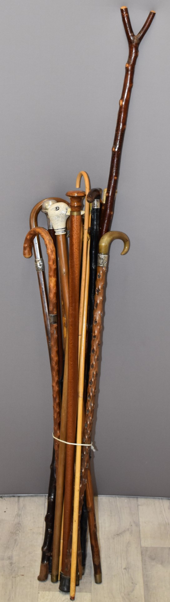 Group of walking sticks, several with hallmarked silver mounts, some with deer horn handles etc
