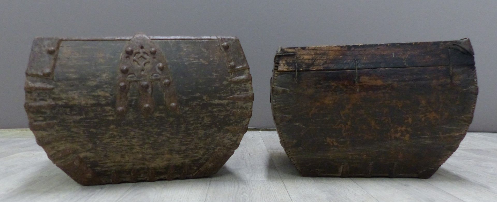 Two metal bound vintage trugs, possibly 19thC or earlier