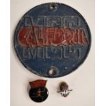 Shell enamel lapel badge, MV Augsta badge and an aluminium California MCC badge, diameter 9cm