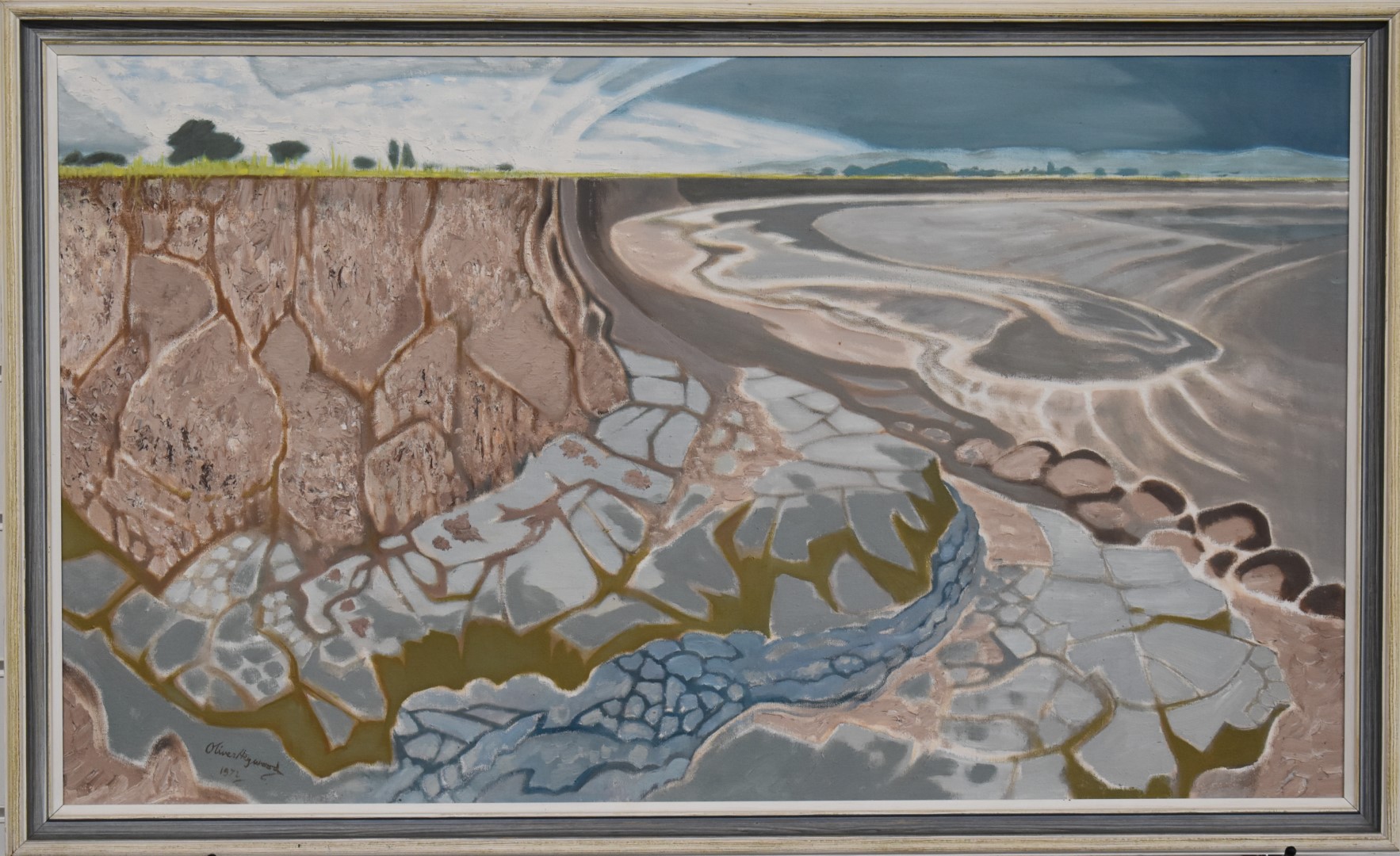 Oliver Heywood (1920-1992) oil on canvas abstract coastal/estuary landscape with sand bank - Image 2 of 4