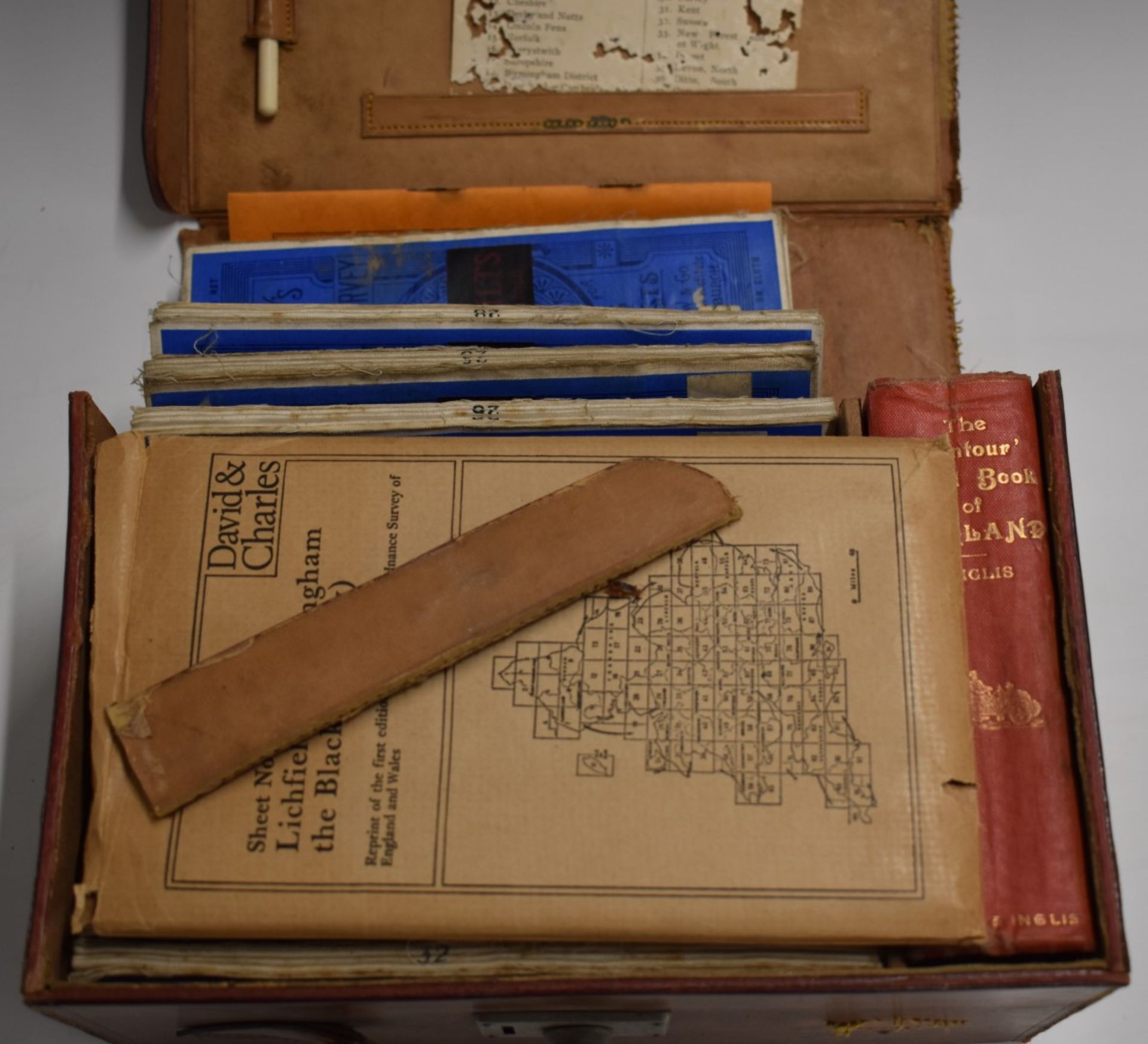 [Maps] Vintage leather cased travelling set of maps, including The Contour Road Book of England with - Image 2 of 4