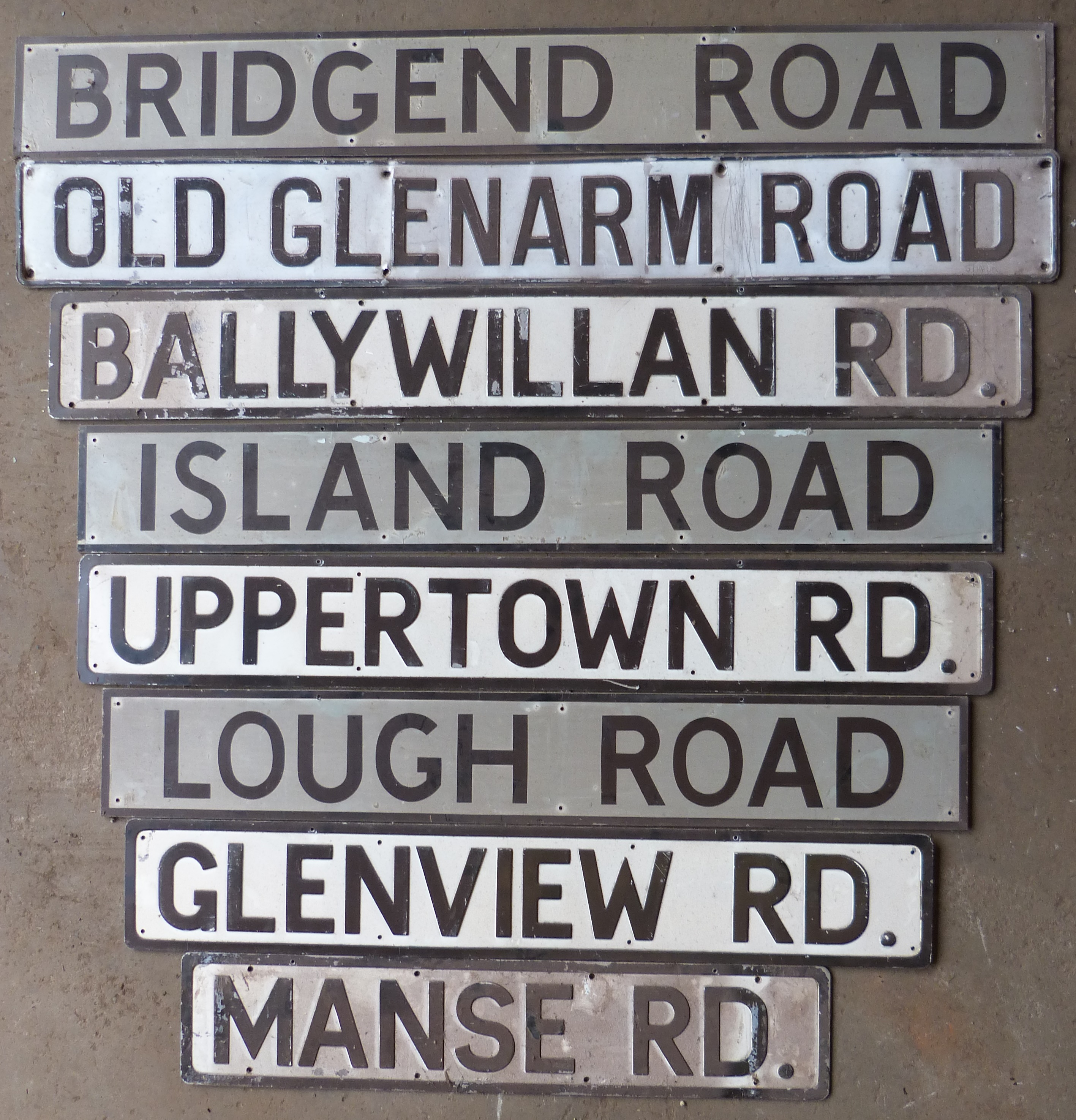 Eight various road name signs comprising Manse Road, Glenview Road, Lough Road, Uppertown Road,