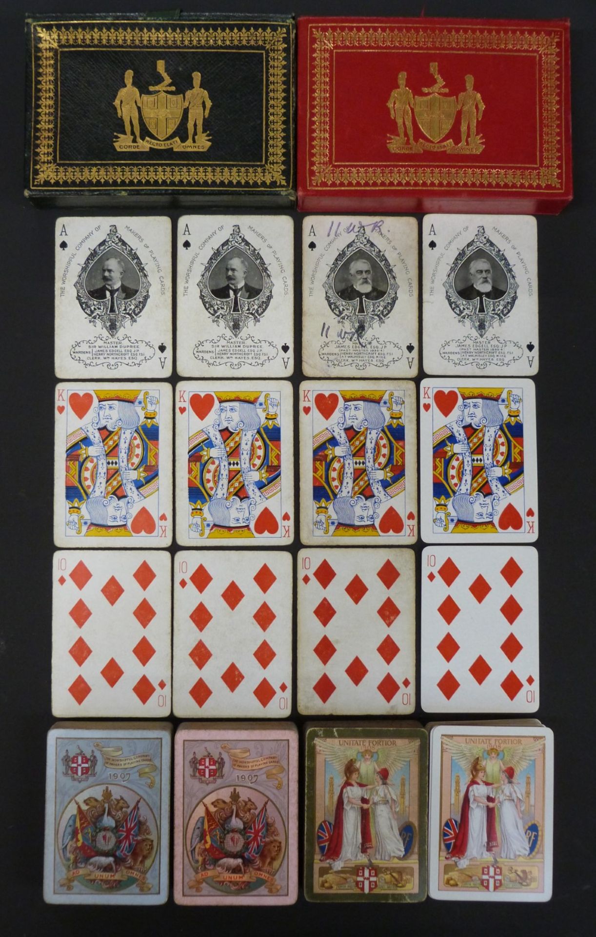 Four packs of Worshipful Company of Makers of Playing Cards playing cards, comprising two double