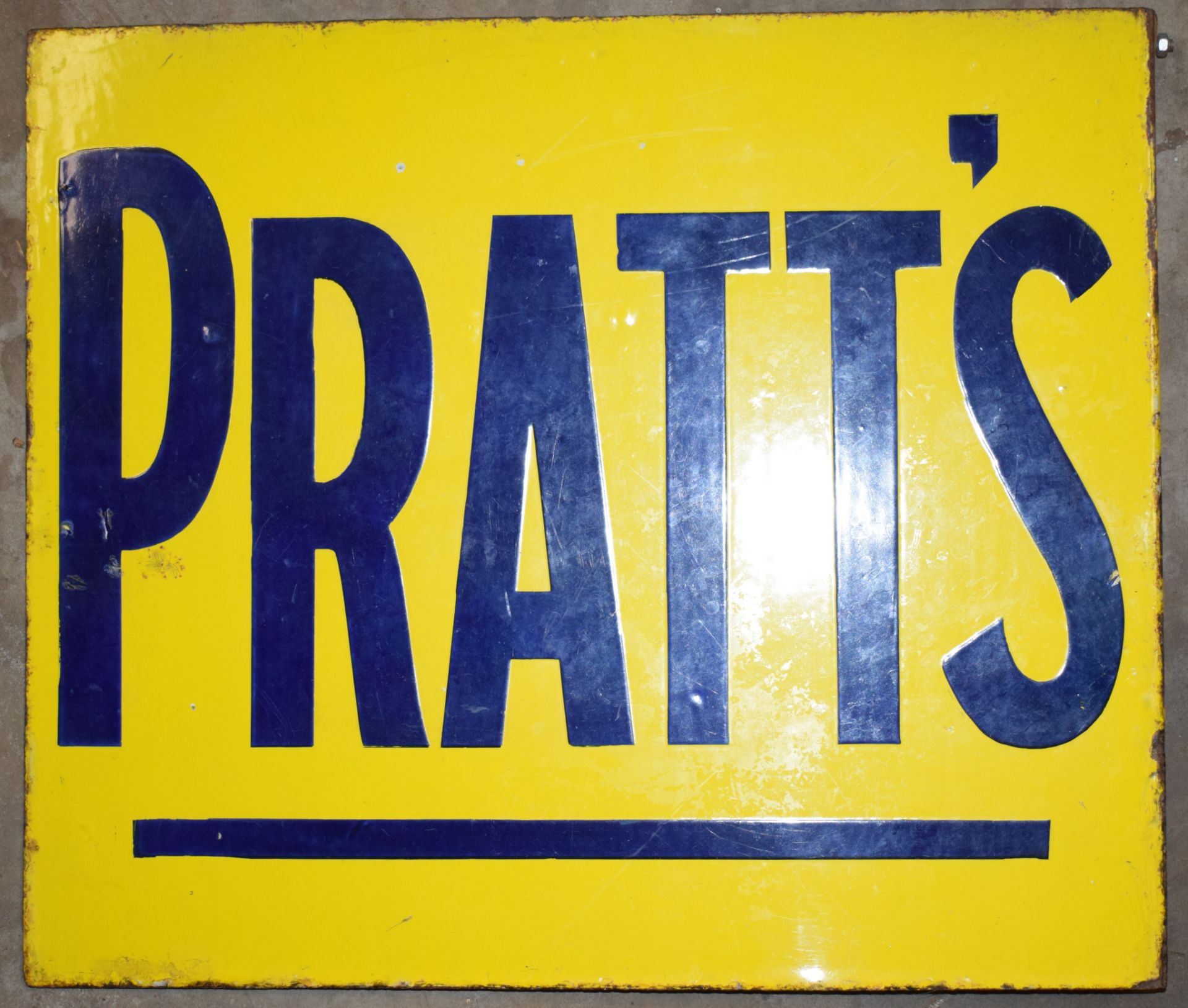 Vintage double sided enamel advertising sign 'Pratt's', 46 x 54cm PLEASE NOTE this lot is located at