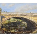 E. Glen oil on canvas bridge with horse and rider going across, signed lower left, 37 x 45cm