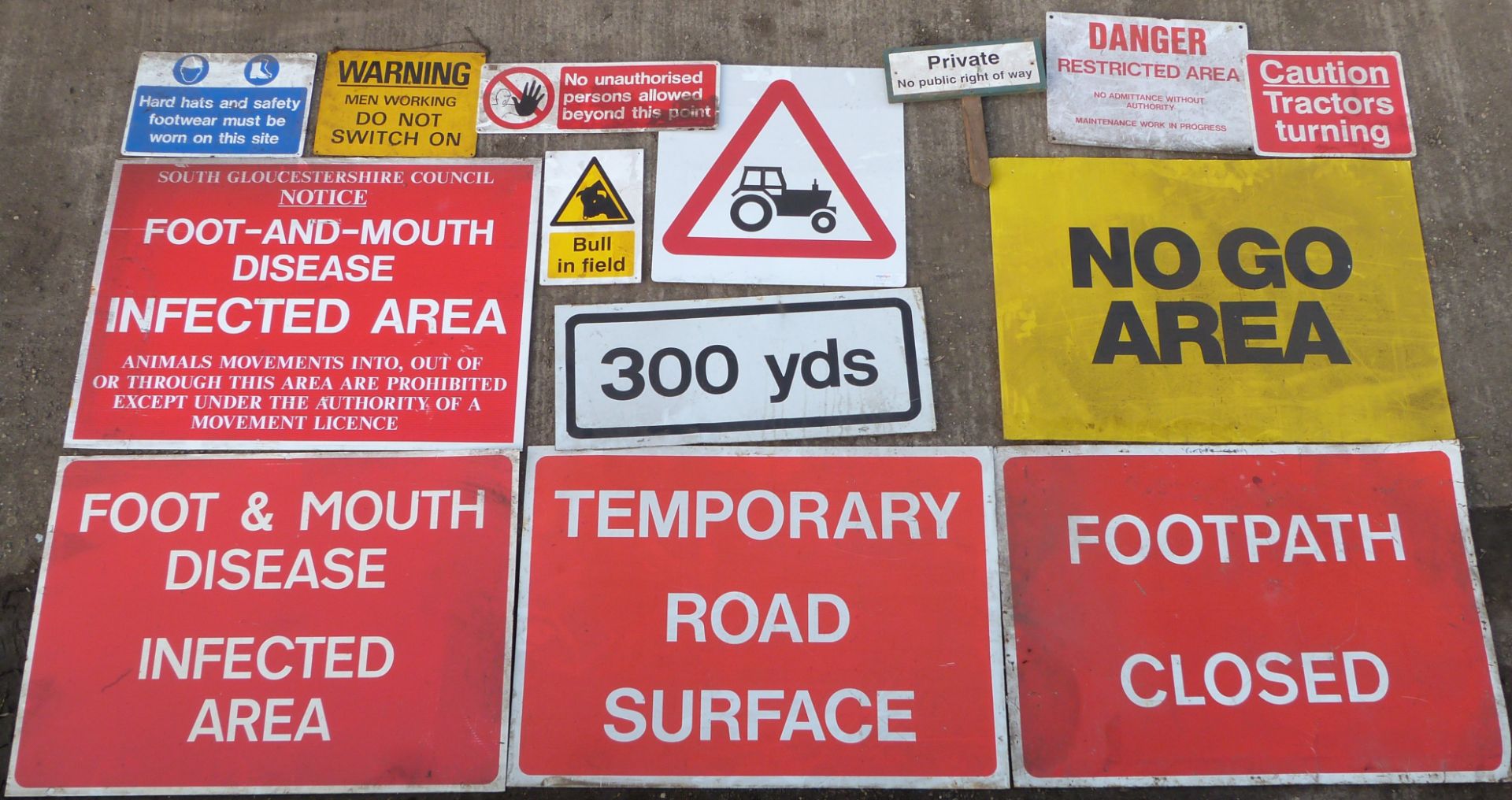 Quantity of mainly modern warning signs to include temporary road surface, tractors, food &