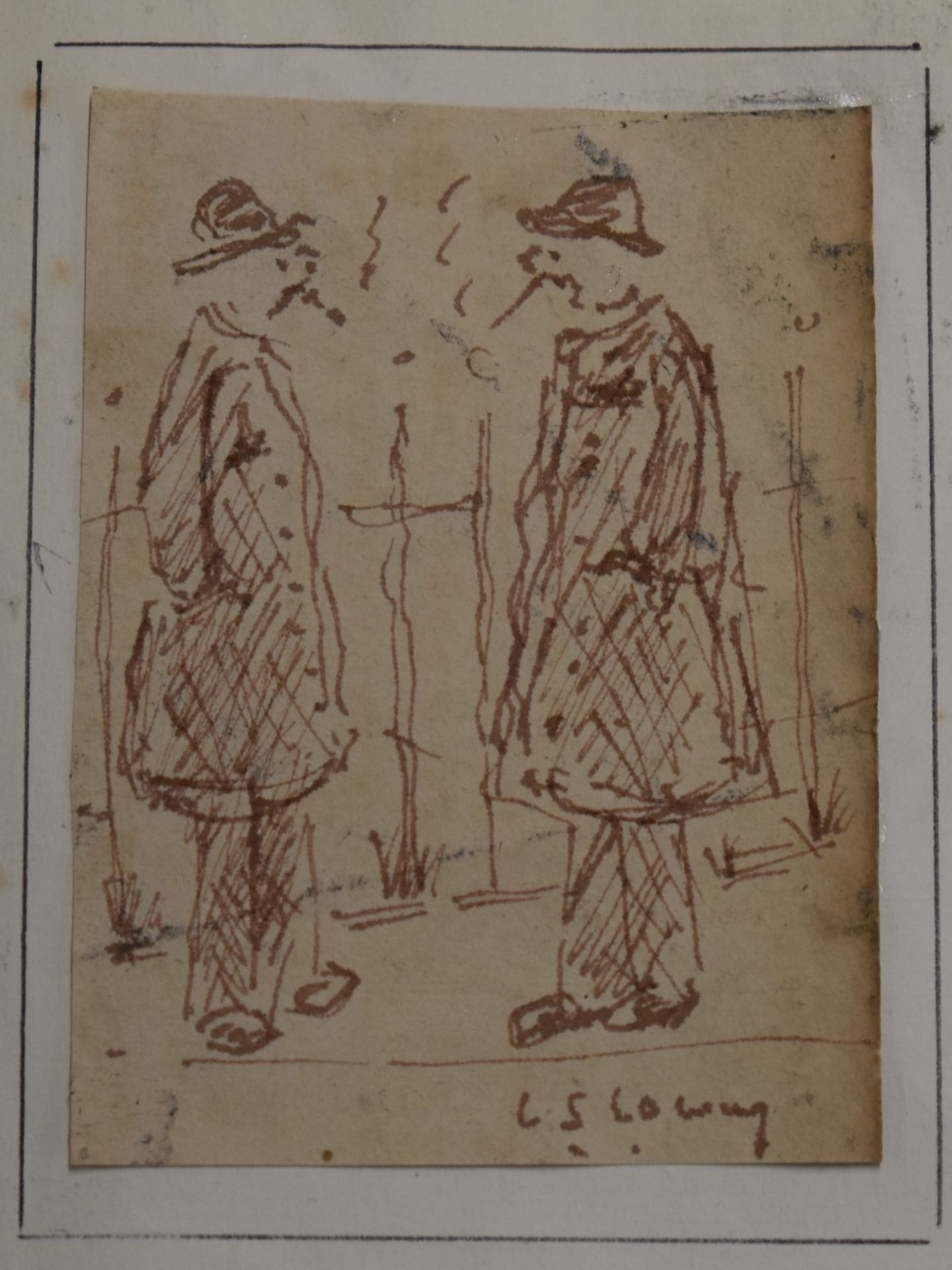 Laurence Stephen Lowry (1887-1976) pen and ink sketch two men smoking in front of railings, signed - Image 2 of 5