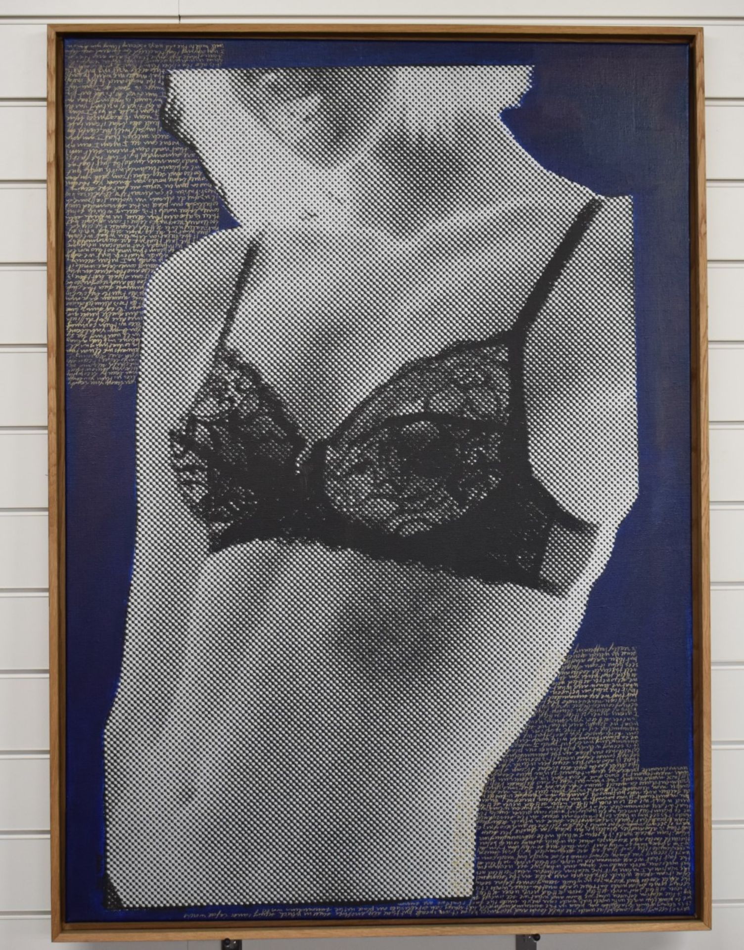 Contemporary print / acrylic on canvas of a lady in lingerie entitled verso to edge of canvas in pen - Image 2 of 3