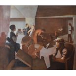 George Lewis large oil on canvas, possibly a salon scene with gramophone, signed lower left, with