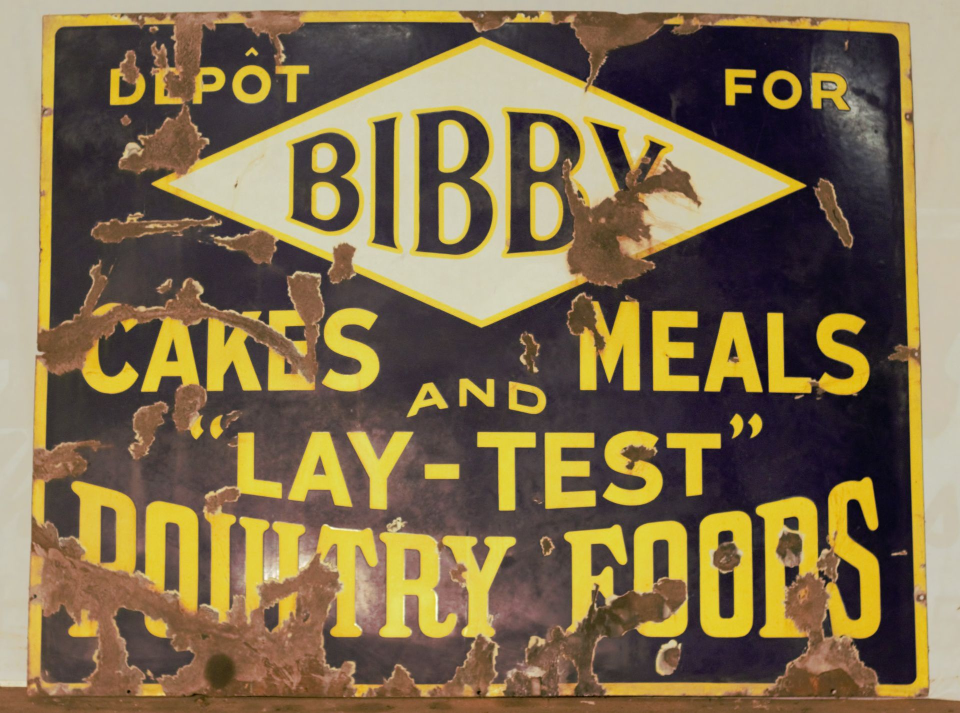 Vintage enamel advertising sign 'Bibby cakes, meals and lay-test poultry foods', 106 x 137cm  PLEASE