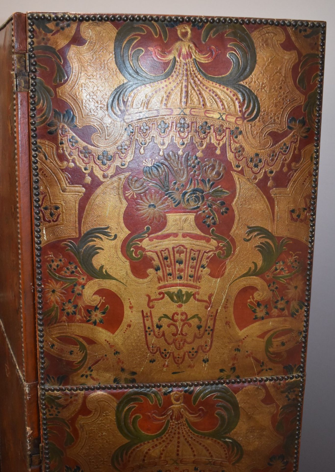 An oriental embossed three fold screen with studwork decoration, probably early 20thC, W145 x - Image 2 of 3