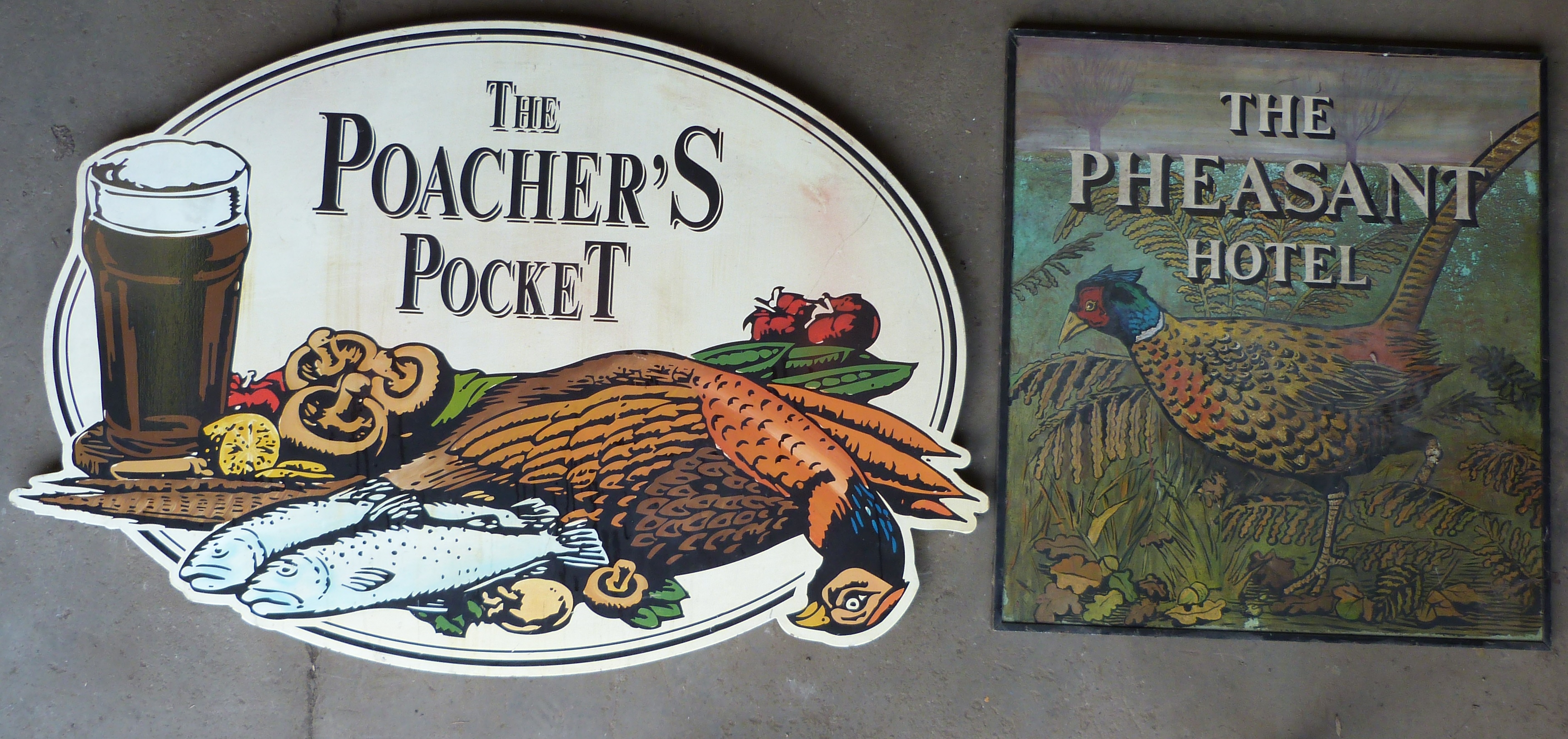 The Pheasant Hotel double sided sign and The Poacher's Pocket sign, largest 152 x 103cm PLEASE