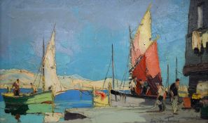 C R D'Oyly John (1906-1993) oil on canvas boats at a quayside indistinctly titled verso, 'Santa