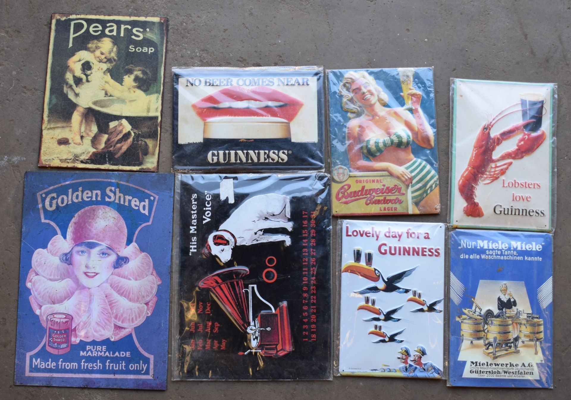 Eight metal advertising signs to include Guinness, Golden Shred etc, largest approximately 40 x 30cm