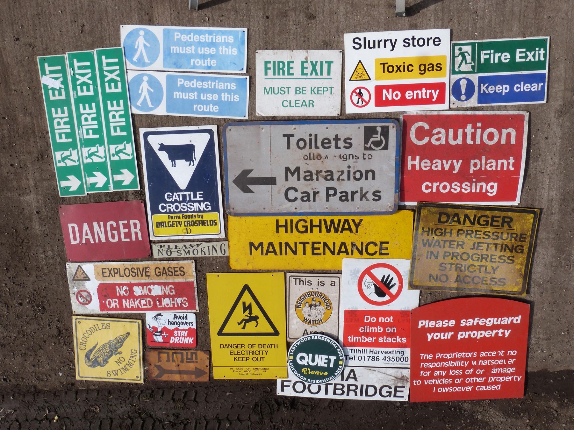 Various warning and direction signs to include Marazion car parks, danger, water jetting, highway
