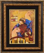Dorit Levi (b.1952) oil on canvas 'Sound of Gold' lady with violin beside a piano, signed lower