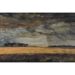 Cavendish Morton (1911-2015) watercolour ploughed fields near Iken with stormy sky above, signed and
