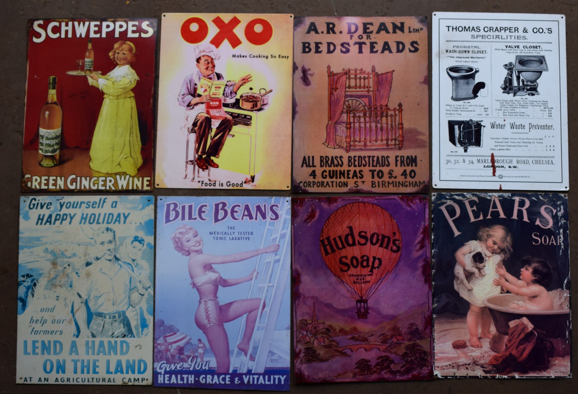 Eight metal advertising signs to include Hudson's soap, Pears, Oxo, Schweppes, Thomas Crapper etc,