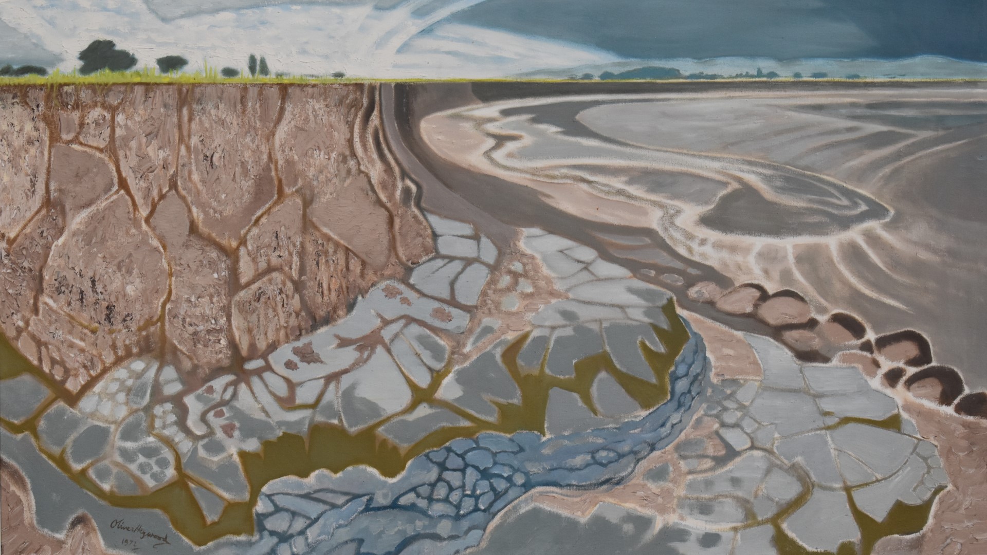 Oliver Heywood (1920-1992) oil on canvas abstract coastal/estuary landscape with sand bank