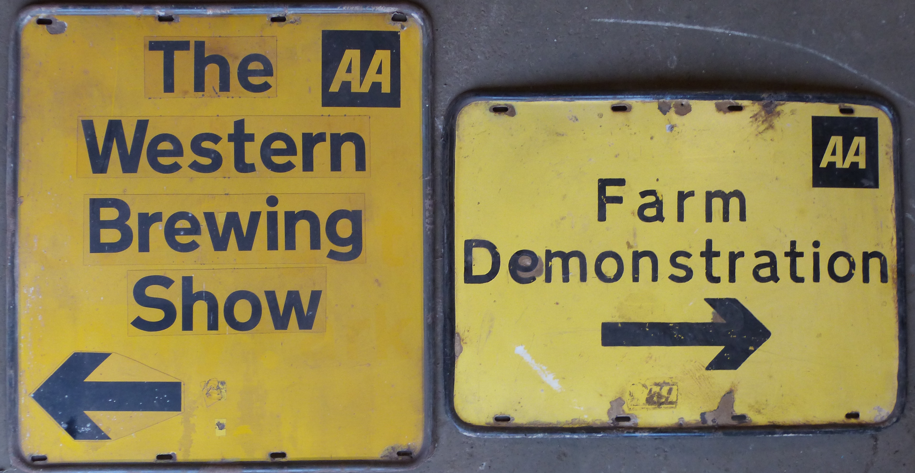 Two AA road signs comprising The Western Brewing Show & Farm Demonstration, both with raised edge,