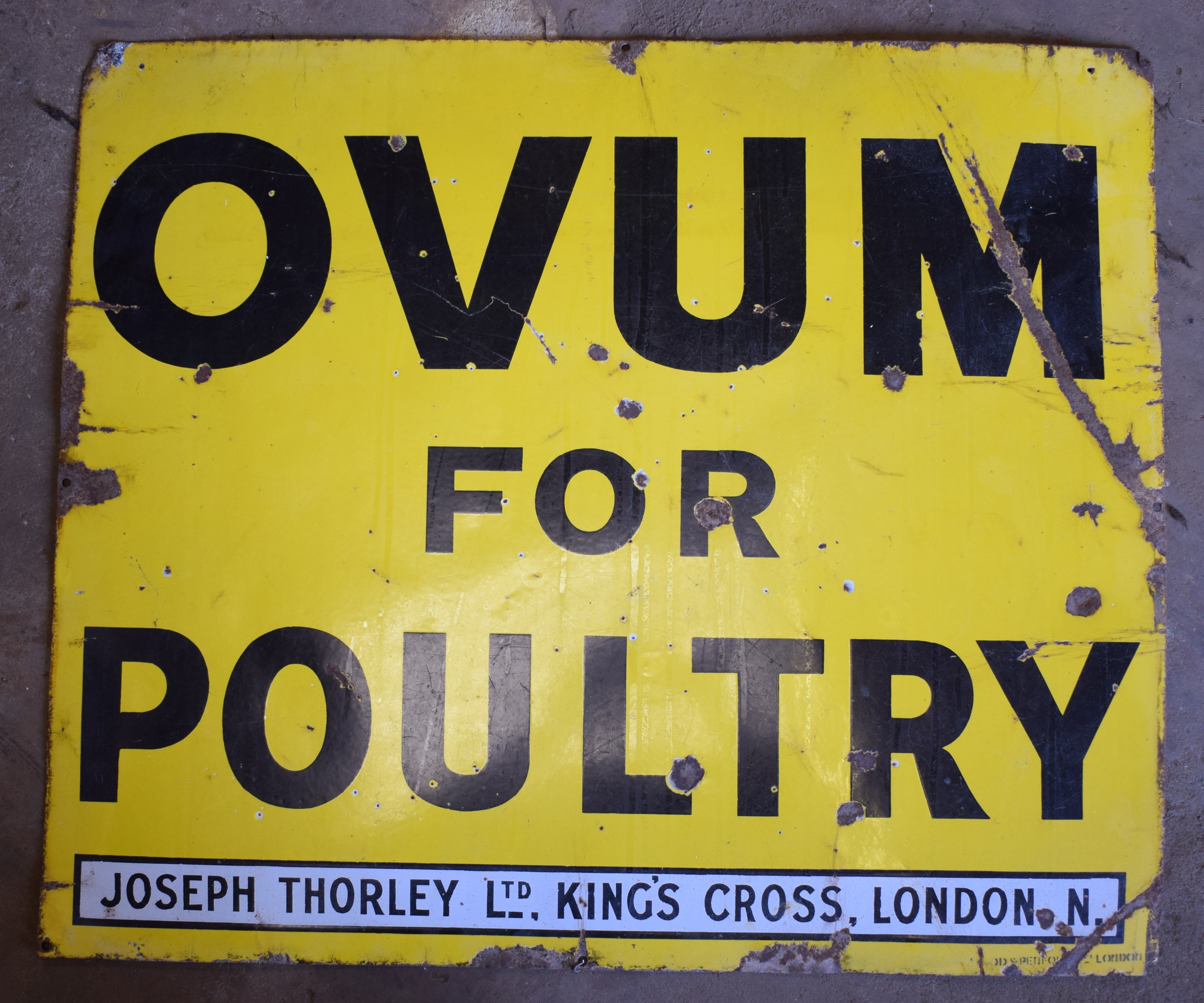 Vintage enamel advertising sign 'Joseph Thorley London Ovum For Poultry', 68 x 81cm PLEASE NOTE this