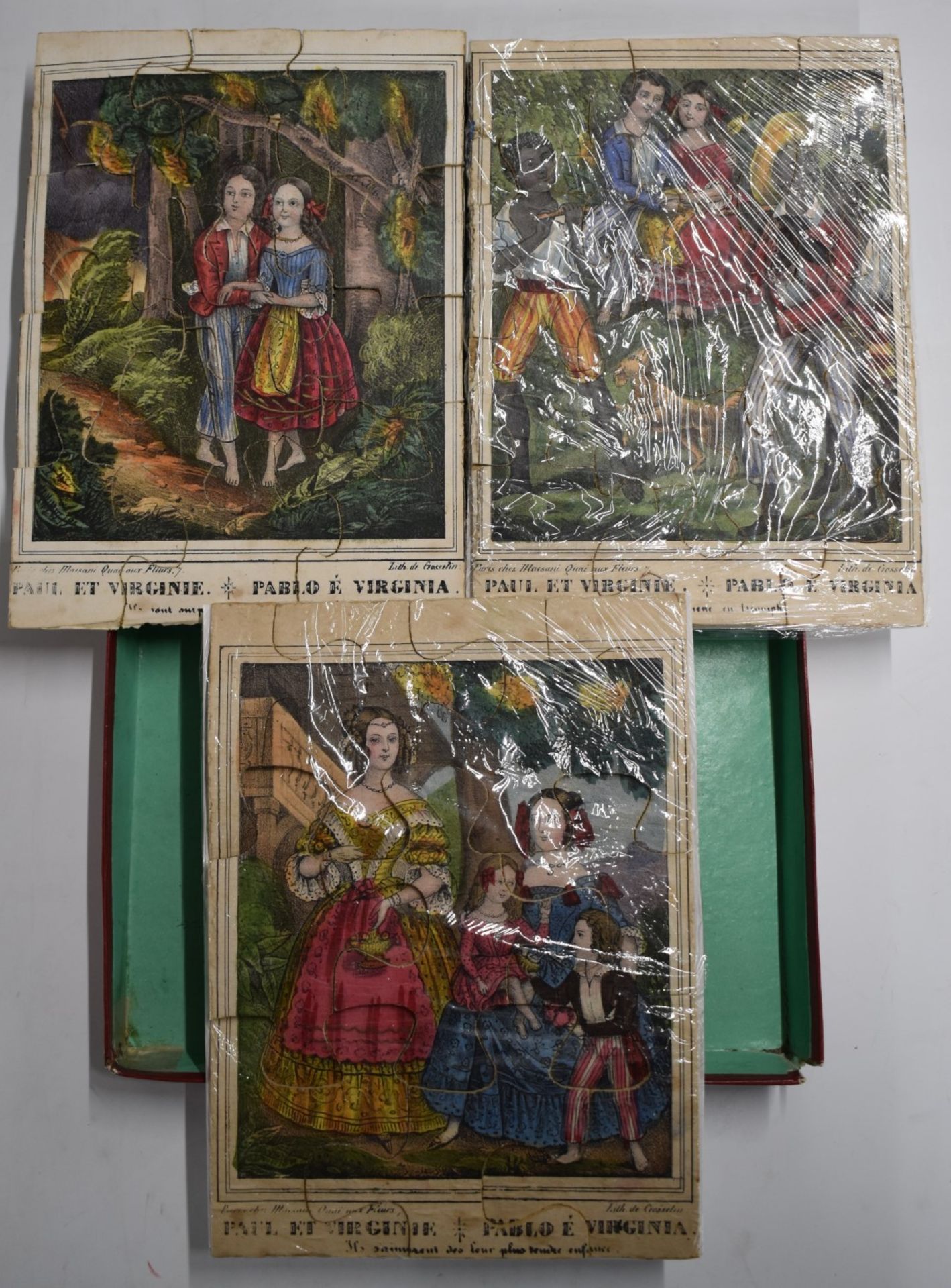 Paul Et Virginie (Paul & Virginia) group of three coloured Victorian jigsaw puzzles from the novel