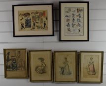 Two mid 20thC watecolour Scandinavian or similar cartoons and four fashion prints, largest 18 x