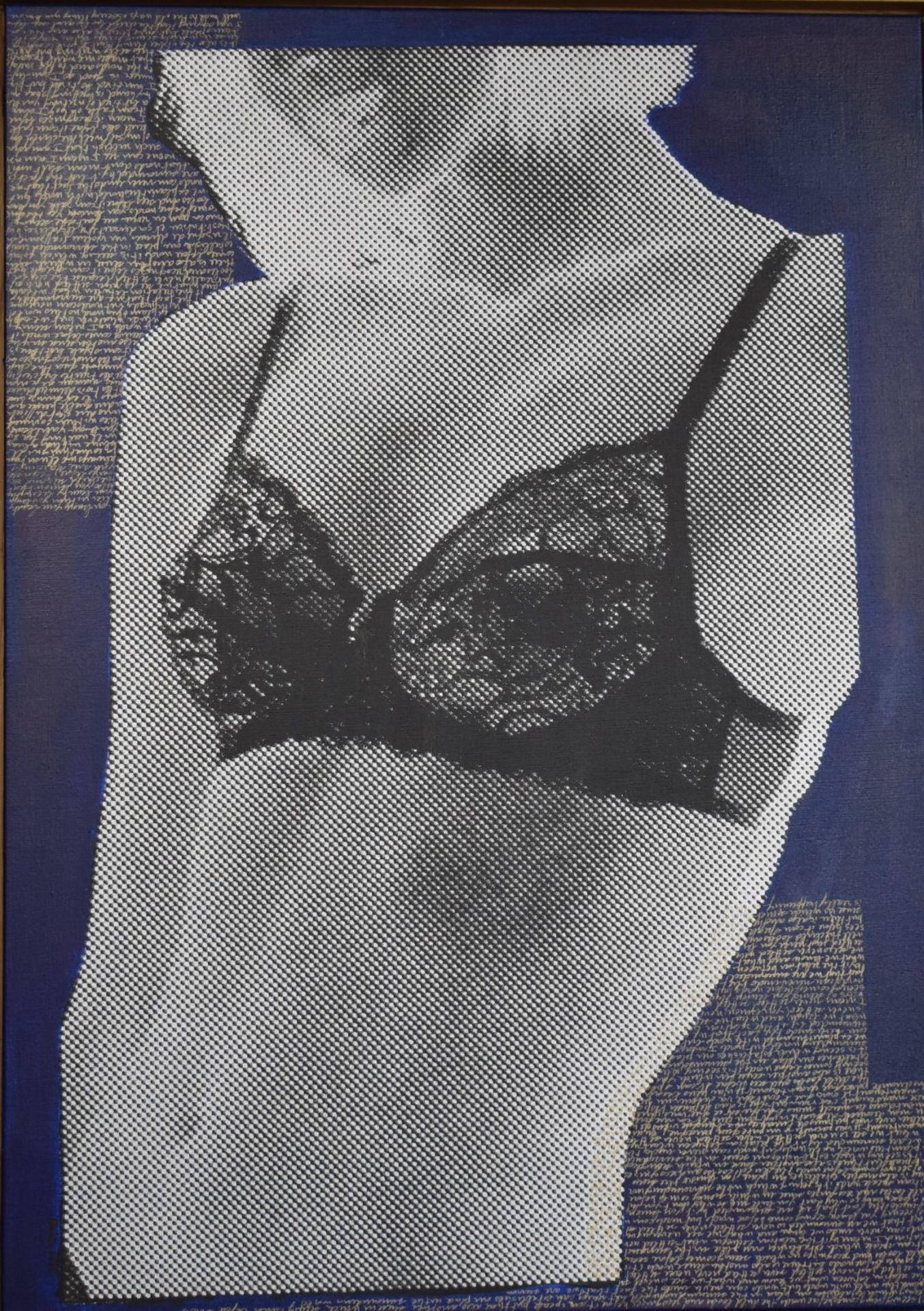 Contemporary print / acrylic on canvas of a lady in lingerie entitled verso to edge of canvas in pen