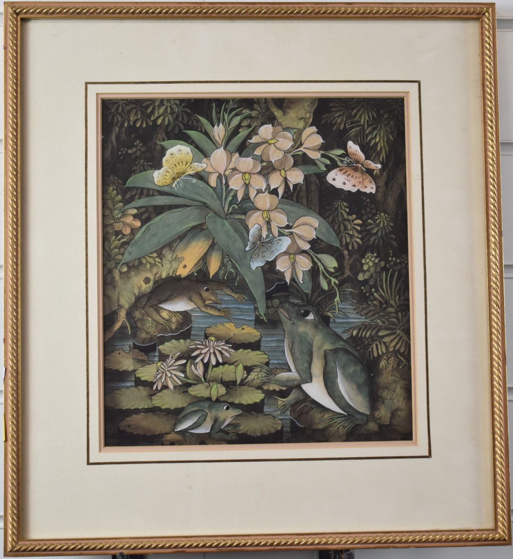Watercolour of frogs, butterflies and flowers, signed lower right possibly I W Meres and dated 87, - Image 2 of 4