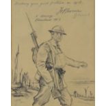 WW1 pencil drawing of a British soldier on the battlefield with dedication to General Sir Henry