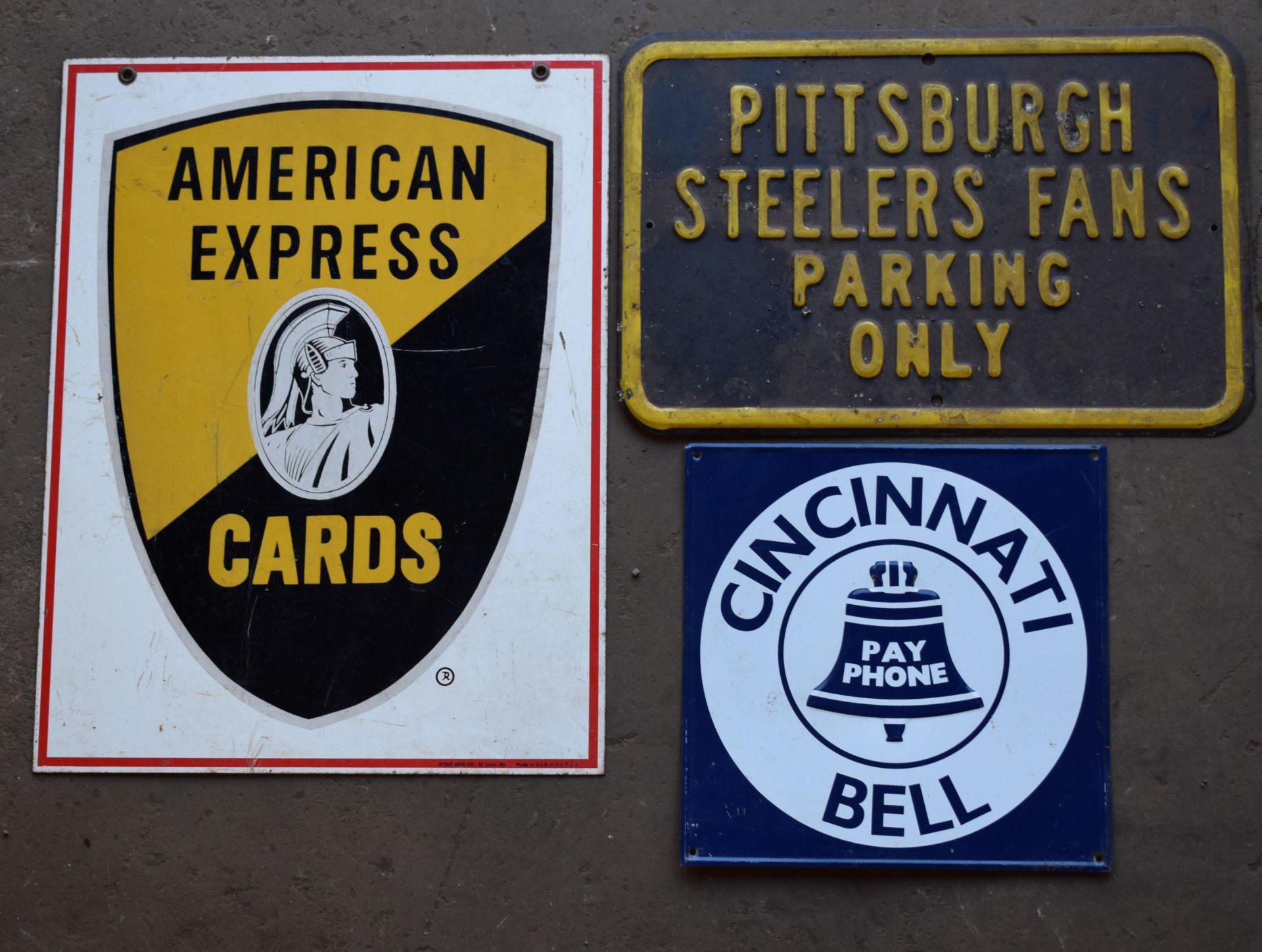 American Express double sided metal sign, Cincinnati bell and Pittsburgh Steelers signs, largest