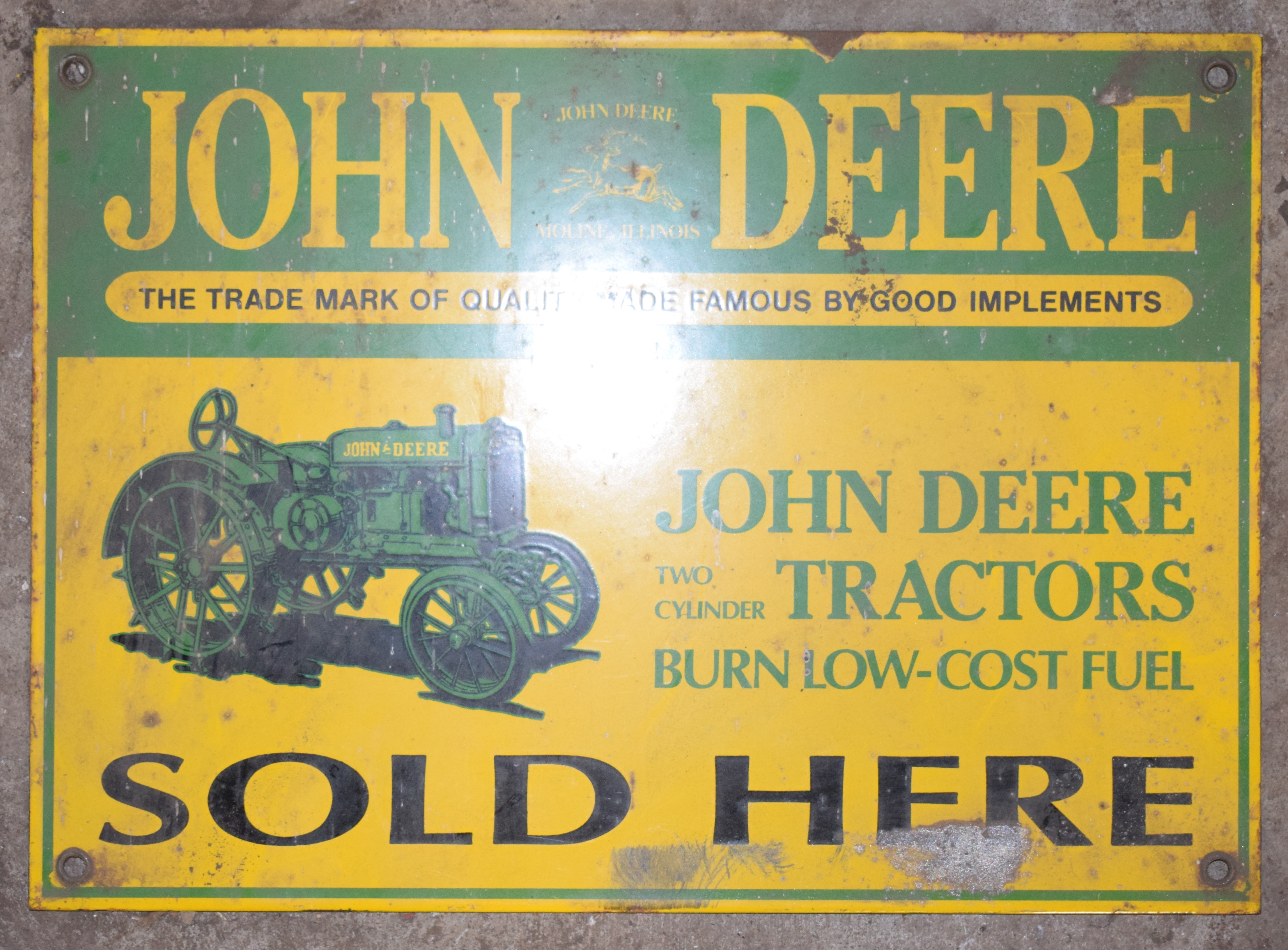 Enamel advertising sign 'John Deere', 25.5 x 35.5cm PLEASE NOTE this lot is located at and will be