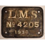 LMS cast iron tender plate number 4205 and dated 1930, width 20cm