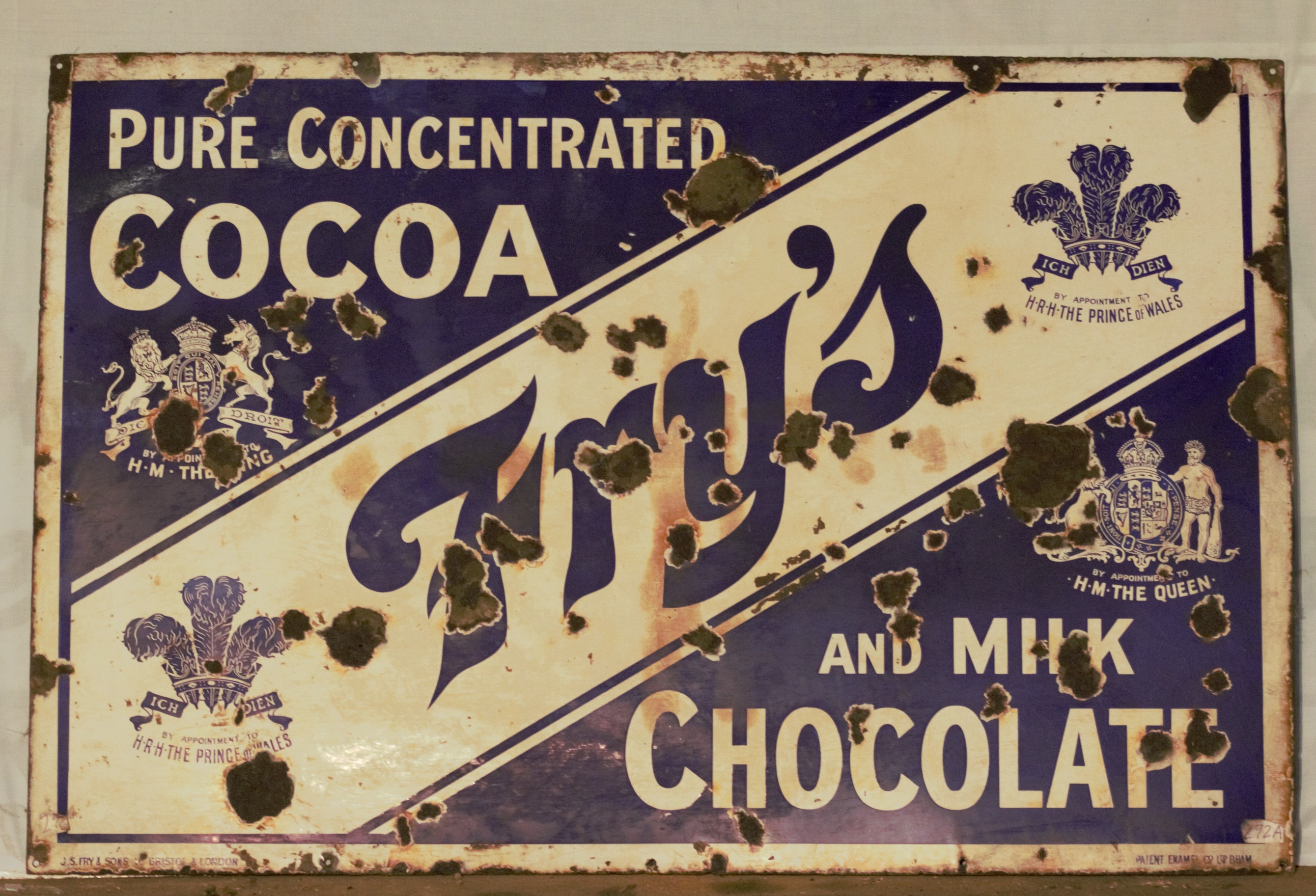 Vintage enamel advertising sign 'Fry's Cocoa and Milk Chocolate', 76 x 115cm PLEASE NOTE this lot is