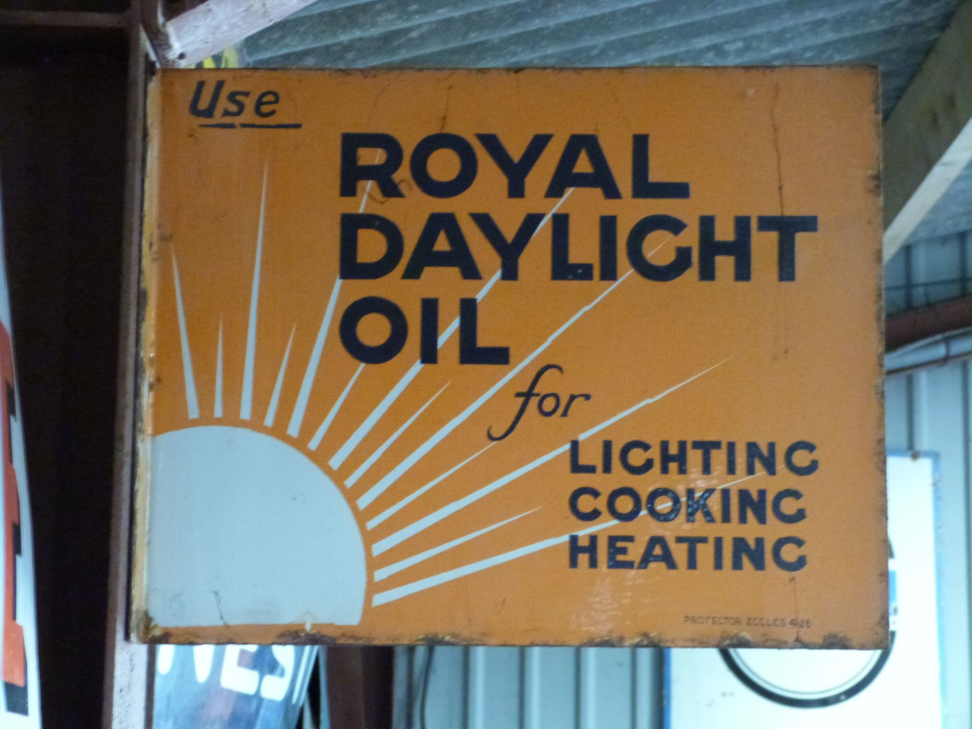 Vintage enamel double sided advertising sign 'Royal Daylight Oil for lighting, cooking, heating', - Image 2 of 3