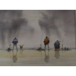 G Marler (British Contemporary) watercolour three men and a dog sea fishing on a beach, 49 x 64cm,