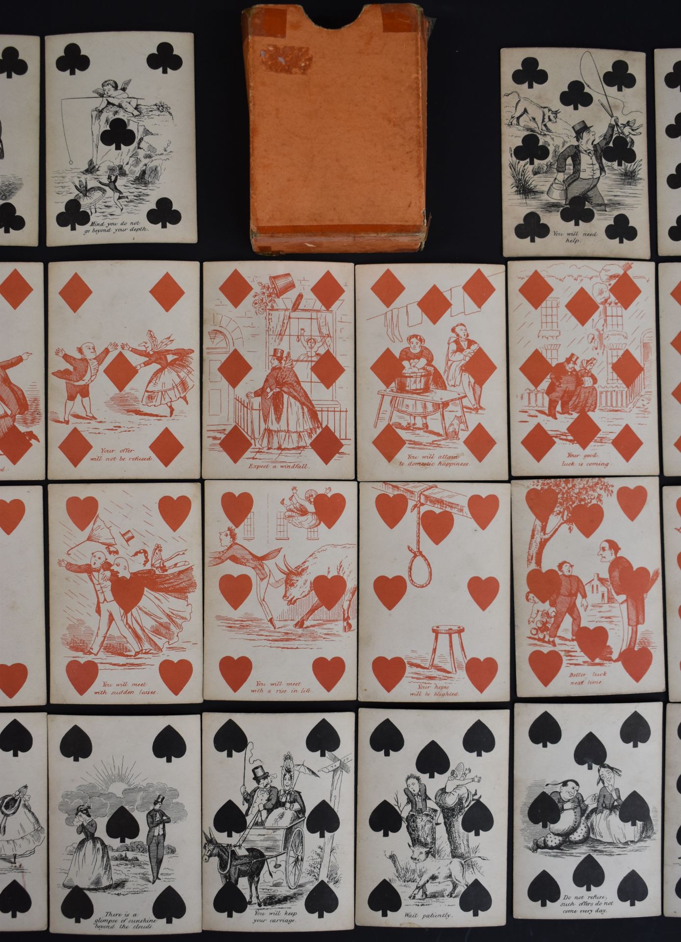 19th or early 20th century pack of transformation fortune telling playing cards with pink backs ( - Image 3 of 5