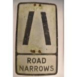 Vintage 'Road Narrows' warning sign with brackets verso, 54 x 31cm