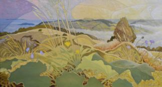 Oliver Heywood (1920-1992) abstract oil on canvas of Rudge Hill / Common, Edge, Stroud,