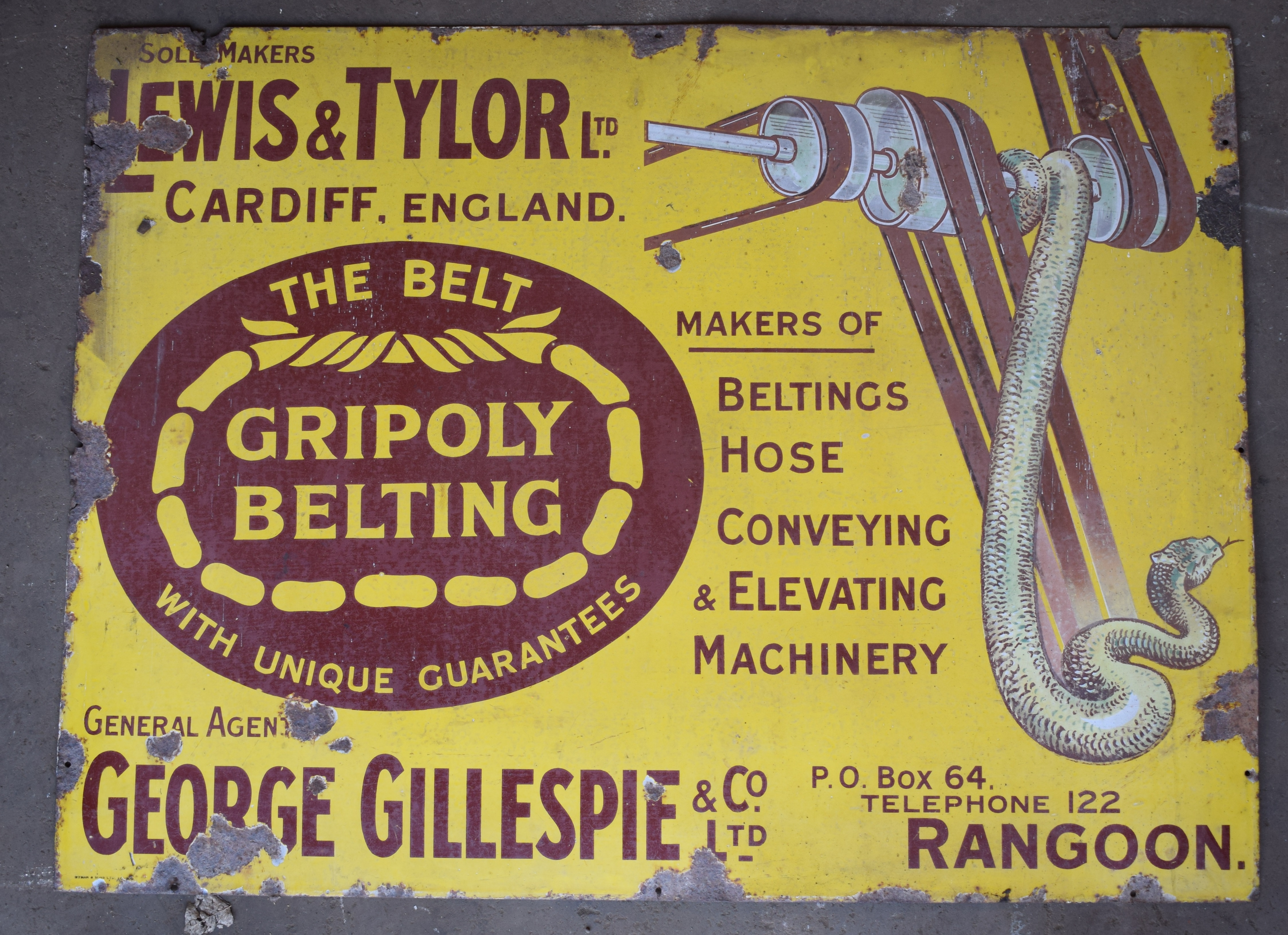 Vintage enamel advertising sign 'Lewis & Taylor, Cardiff, England Gripoly Belting, agent George
