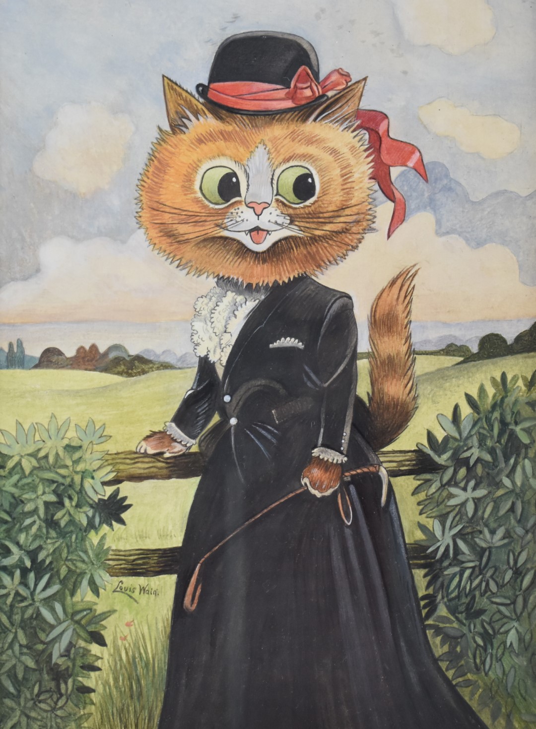 In the manner of Louis Wain novelty portrait of a cat dressed ready to go riding, with crop in her